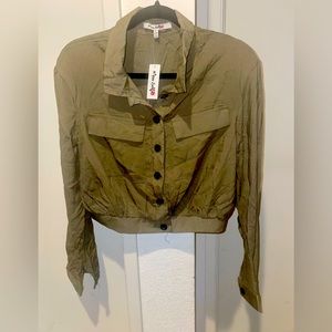 New Olive Green Cropped Long Sleeve Top